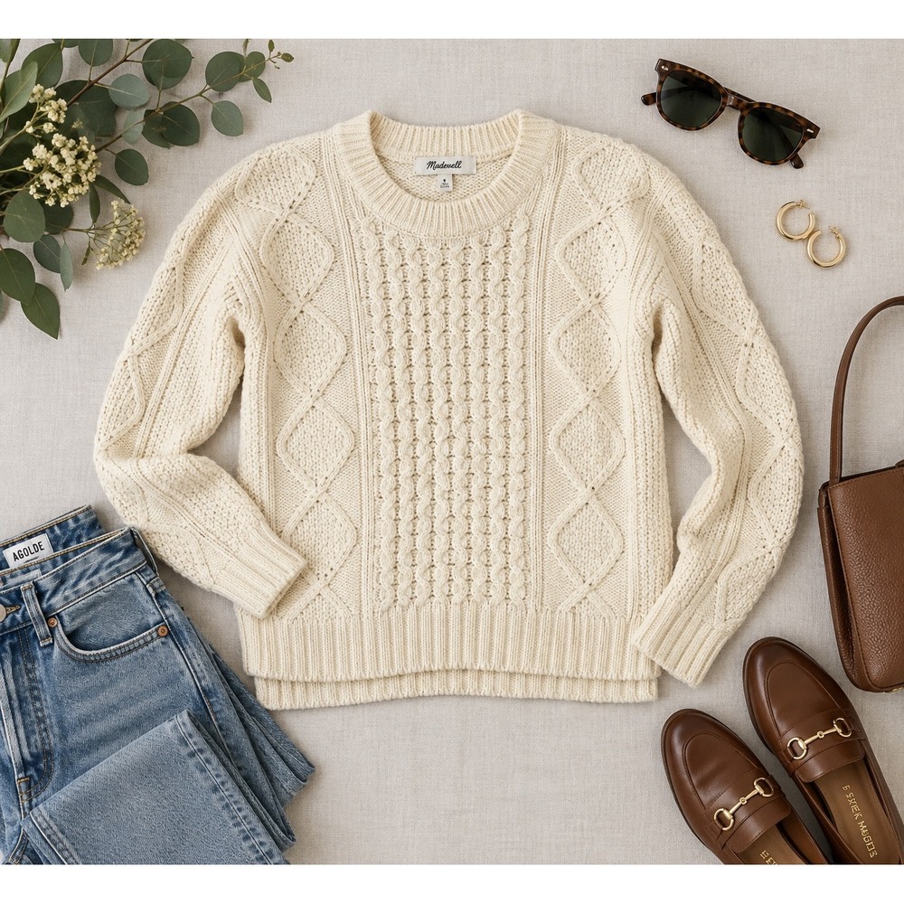 Madewell Cream Cable Knit Crewneck Sweater Ivory Cotton Blend F7241 XXS